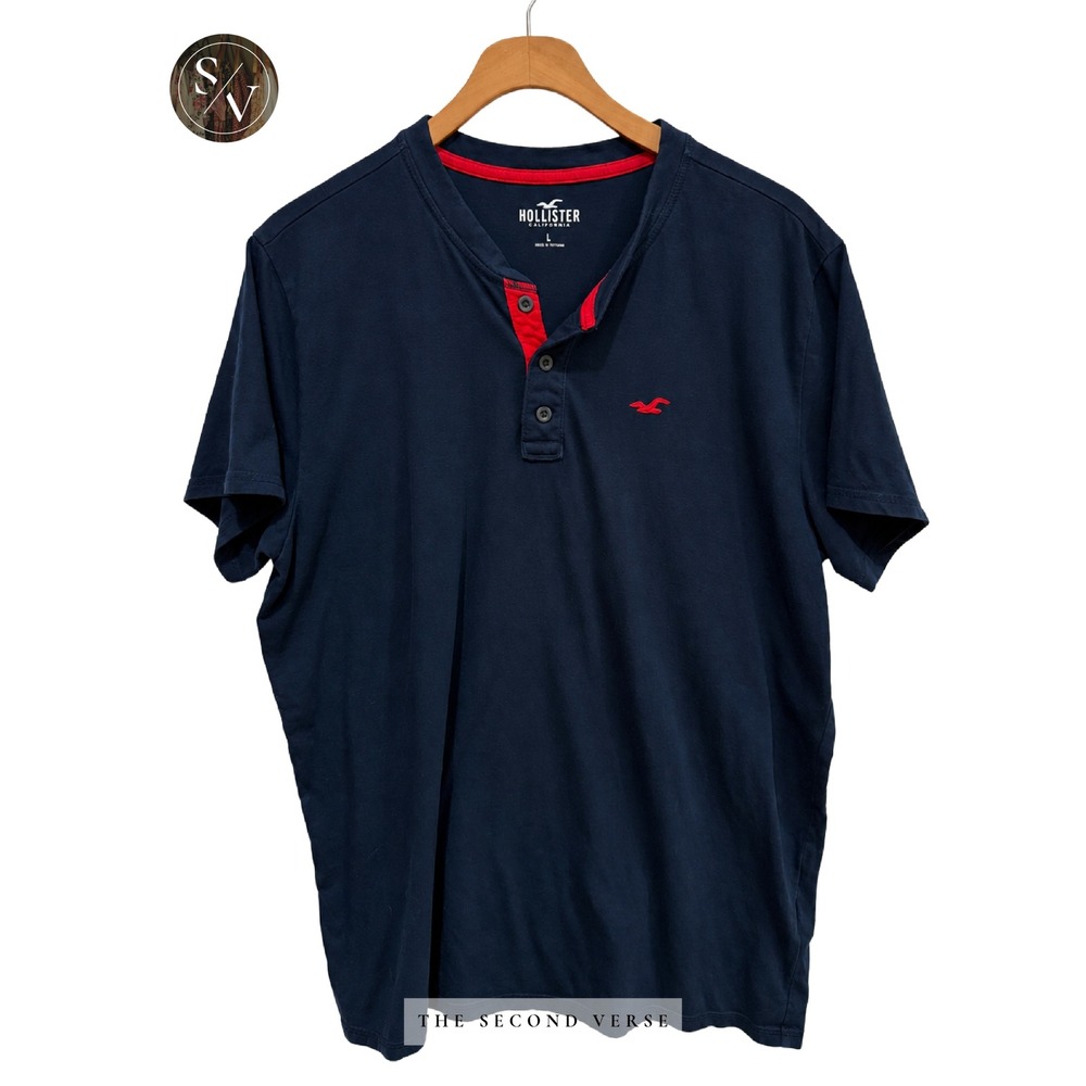 Hollister Mens Navy Blue Short Sleeve Henley Shirt Red Trim Size L Preppy